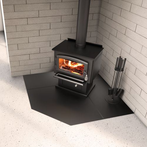 BLACK STEEL HEARTH PAD 54" - CORNER | Century Heating | Wood insert